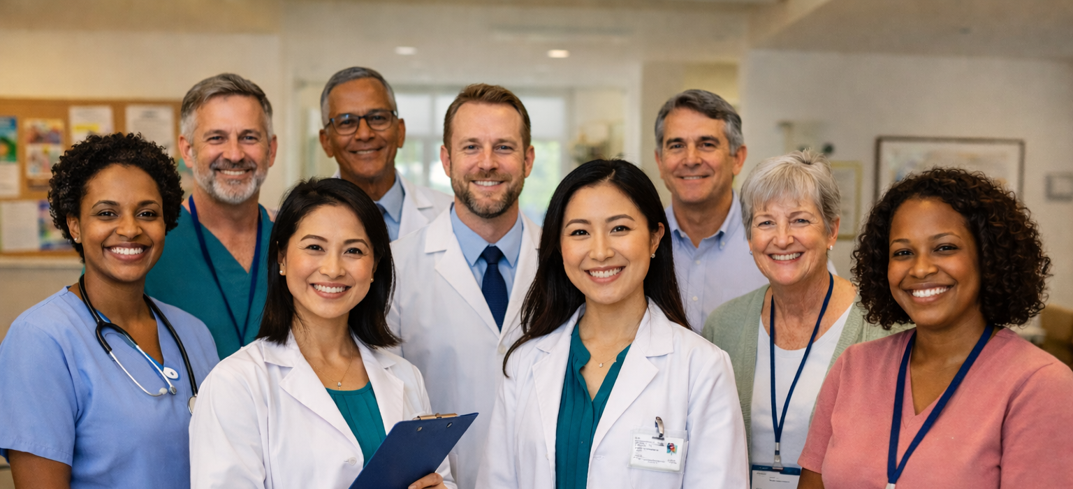 A health care team of doctors, nurses and professionals standing in a group smiling